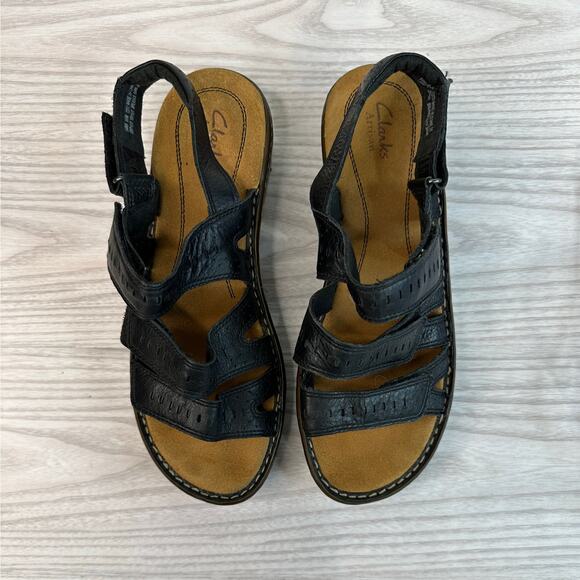 Clarks Artisan Sandal WMNS 8.5 Black Leather Comfort Hook Loop Cushioned Casual - Picture 7 of 9